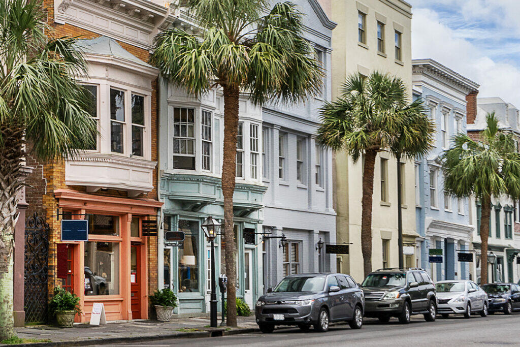 Rainbow Row on Kind street during spring break in charleston sc